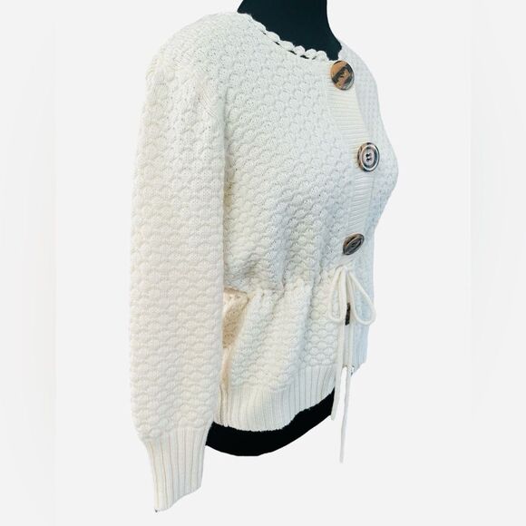 Vintage Y2K Knit Cropped Sweater in Cream Size Large Wool Babydoll Belted - Picture 3 of 11